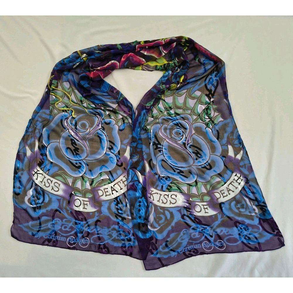 Ed Hardy By Christian Audigier 100% Silk Scarf Kiss of Death Blue Roses 72x18"
